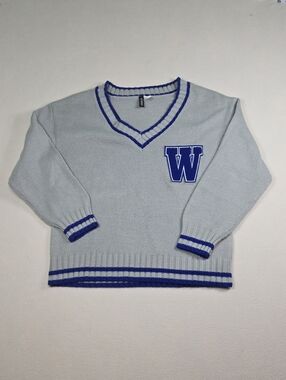 H&M Light Gray V-Neck Sweater with Blue Trim and 'W' Letterman Patch